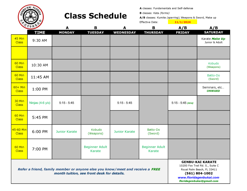 Current class schedule as of December 1, 2024